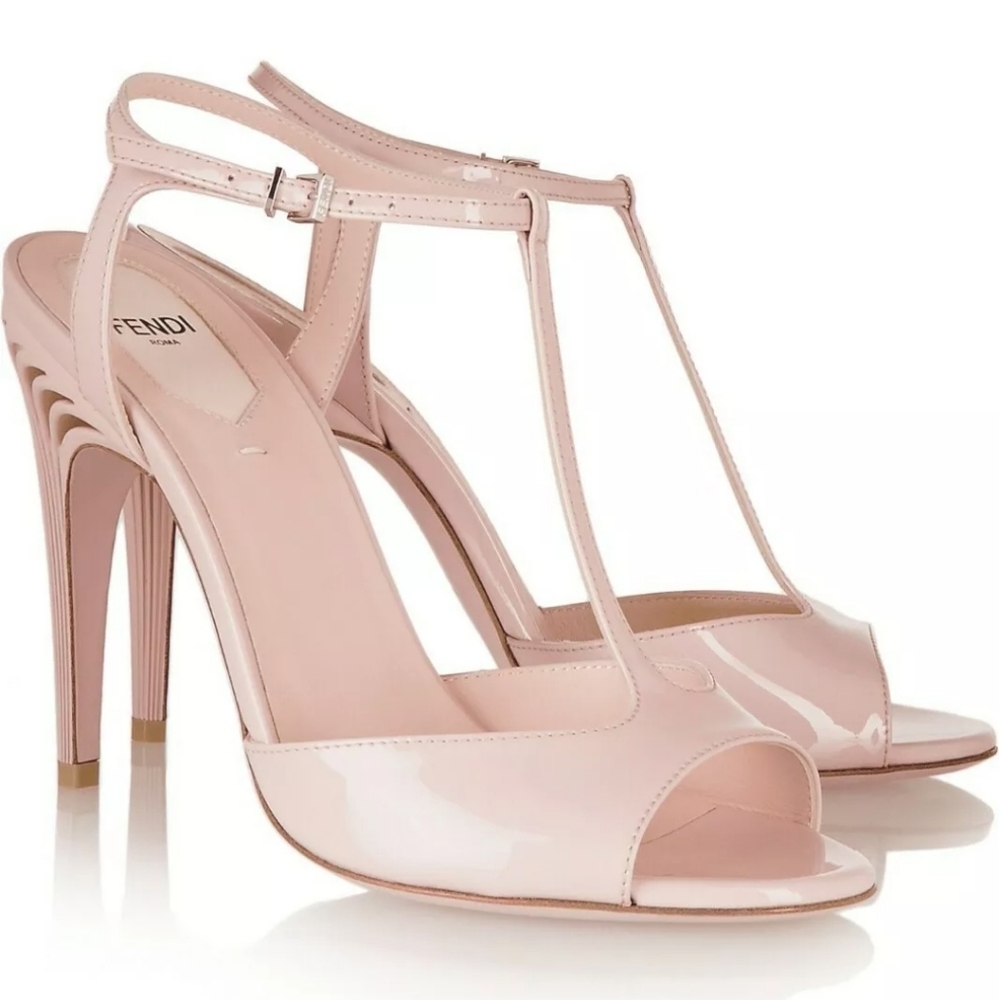 FENDI T STRAP PATENT NUDE HEELS sz 40.5
